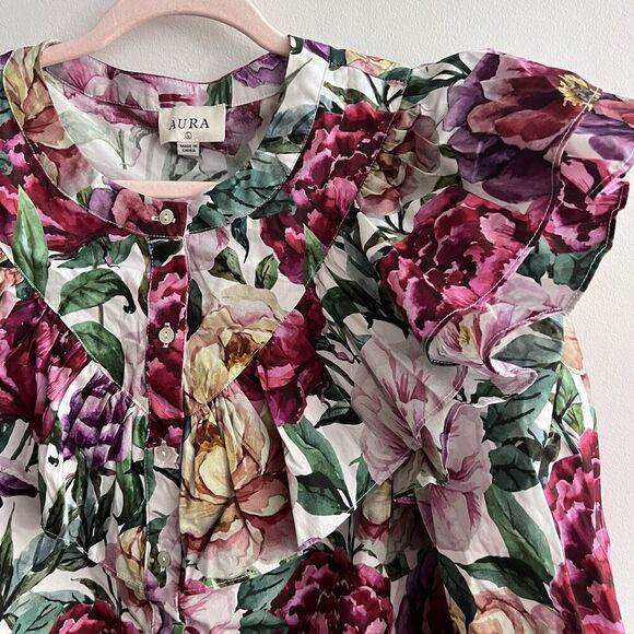 AURA Floral Ruffle Puff Sleeve Top Large Women’s Cotton Prairie Cottagecore NWT - Picture 5 of 14